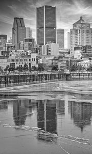 Preview wallpaper buildings, embankment, river, city, black and white