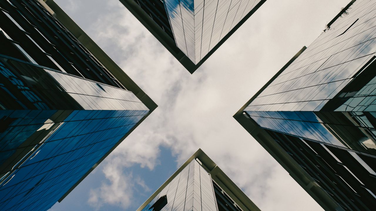 Wallpaper buildings, facade, bottom view, sky, city