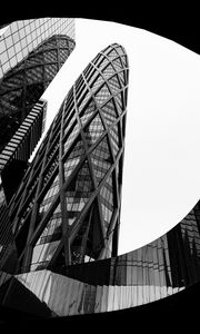 Preview wallpaper buildings, facades, architecture, black and white, bottom view