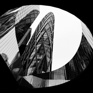 Preview wallpaper buildings, facades, architecture, black and white, bottom view