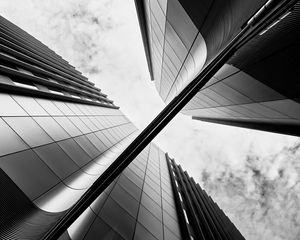 Preview wallpaper buildings, facades, black and white, bottom view, architecture