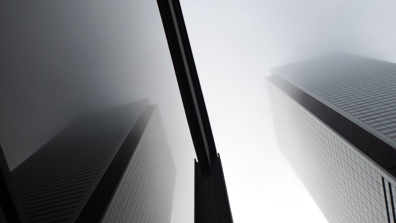 Wallpaper buildings, facades, bottom view, fog, black and white