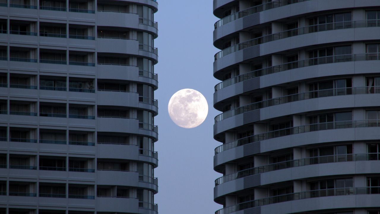 Wallpaper buildings, facades, moon, full moon