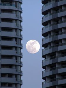 Preview wallpaper buildings, facades, moon, full moon