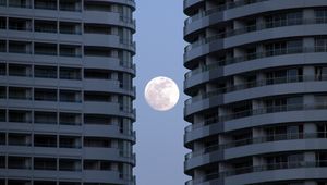 Preview wallpaper buildings, facades, moon, full moon