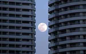 Preview wallpaper buildings, facades, moon, full moon