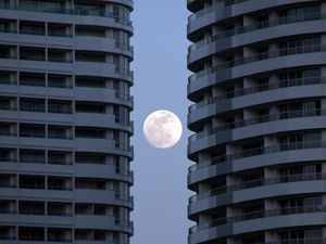 Preview wallpaper buildings, facades, moon, full moon