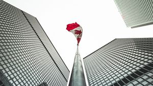 Preview wallpaper buildings, flagpole, flag, architecture, skyscrapers