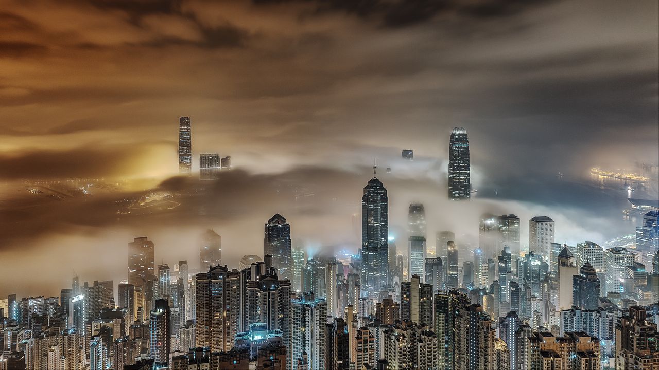 Wallpaper buildings, fog, skyscrapers, city, night