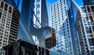 Preview wallpaper buildings, glass, windows, clocks, reflections