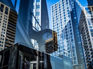 Preview wallpaper buildings, glass, windows, clocks, reflections