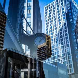 Preview wallpaper buildings, glass, windows, clocks, reflections