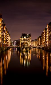 Preview wallpaper buildings, glow, lights, water, reflection, night