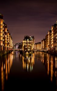 Preview wallpaper buildings, glow, lights, water, reflection, night