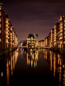 Preview wallpaper buildings, glow, lights, water, reflection, night
