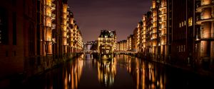 Preview wallpaper buildings, glow, lights, water, reflection, night