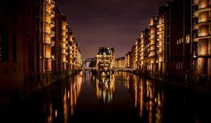 Preview wallpaper buildings, glow, lights, water, reflection, night