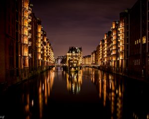 Preview wallpaper buildings, glow, lights, water, reflection, night