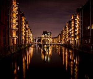 Preview wallpaper buildings, glow, lights, water, reflection, night
