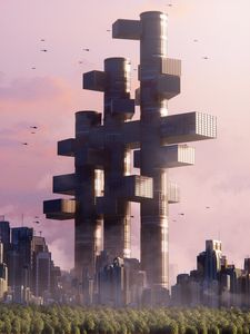 Preview wallpaper buildings, helicopters, trees, city, future, fantasy, art