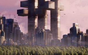 Preview wallpaper buildings, helicopters, trees, city, future, fantasy, art
