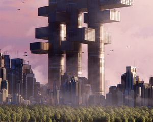 Preview wallpaper buildings, helicopters, trees, city, future, fantasy, art