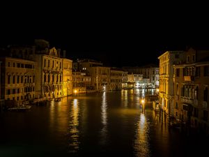 Preview wallpaper buildings, houses, canal, venice, lights, reflection, night