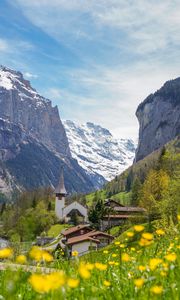 Preview wallpaper buildings, houses, mountains, flowers, trees, valley