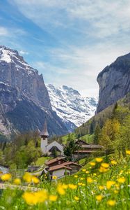 Preview wallpaper buildings, houses, mountains, flowers, trees, valley