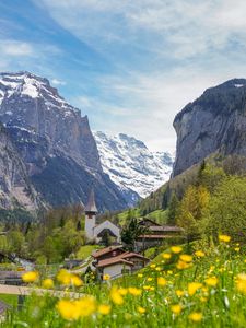 Preview wallpaper buildings, houses, mountains, flowers, trees, valley