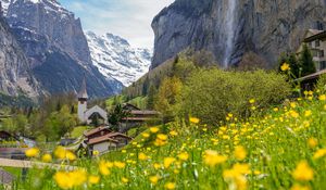 Preview wallpaper buildings, houses, mountains, flowers, trees, valley