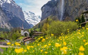 Preview wallpaper buildings, houses, mountains, flowers, trees, valley