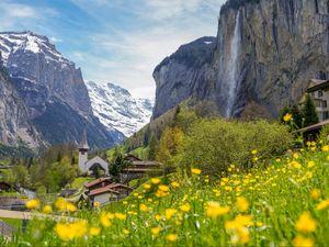 Preview wallpaper buildings, houses, mountains, flowers, trees, valley