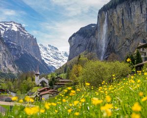 Preview wallpaper buildings, houses, mountains, flowers, trees, valley