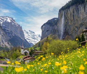 Preview wallpaper buildings, houses, mountains, flowers, trees, valley