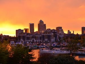 Preview wallpaper buildings, houses, pier, yachts, sunset