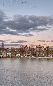 Preview wallpaper buildings, houses, river, boats, sky, clouds