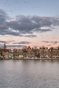 Preview wallpaper buildings, houses, river, boats, sky, clouds