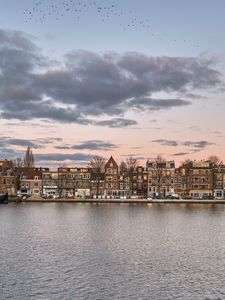 Preview wallpaper buildings, houses, river, boats, sky, clouds