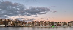 Preview wallpaper buildings, houses, river, boats, sky, clouds