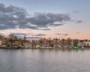 Preview wallpaper buildings, houses, river, boats, sky, clouds