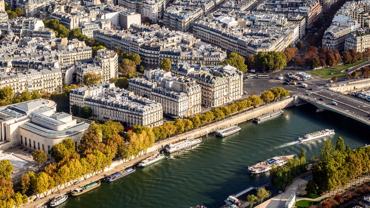 Wallpaper buildings, houses, river, boats, paris, france, aerial view