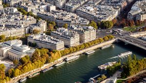 Preview wallpaper buildings, houses, river, boats, paris, france, aerial view