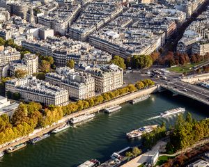 Preview wallpaper buildings, houses, river, boats, paris, france, aerial view