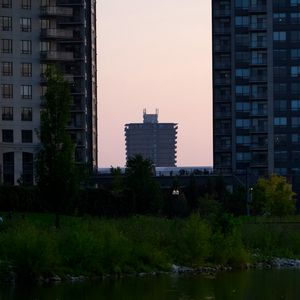 Preview wallpaper buildings, houses, river, trees