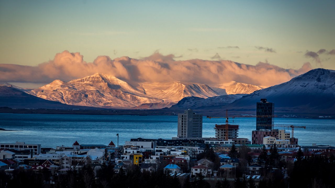 Wallpaper buildings, houses, river, mountains, city