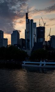 Preview wallpaper buildings, houses, river, ship, evening