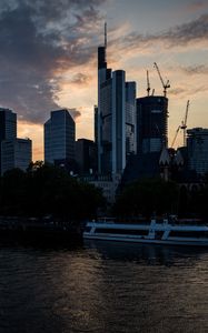 Preview wallpaper buildings, houses, river, ship, evening