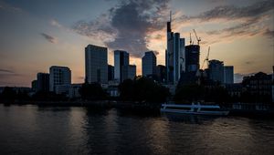 Preview wallpaper buildings, houses, river, ship, evening