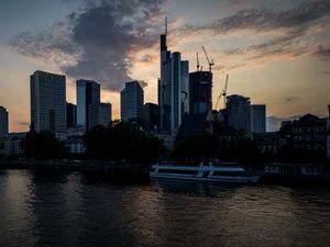 Preview wallpaper buildings, houses, river, ship, evening